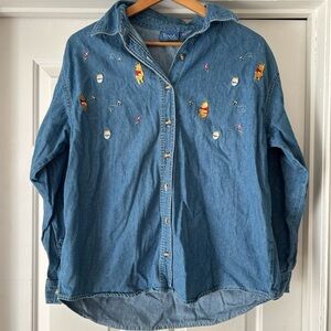 Disney Blue Button Down Shirt with Embroidered Details